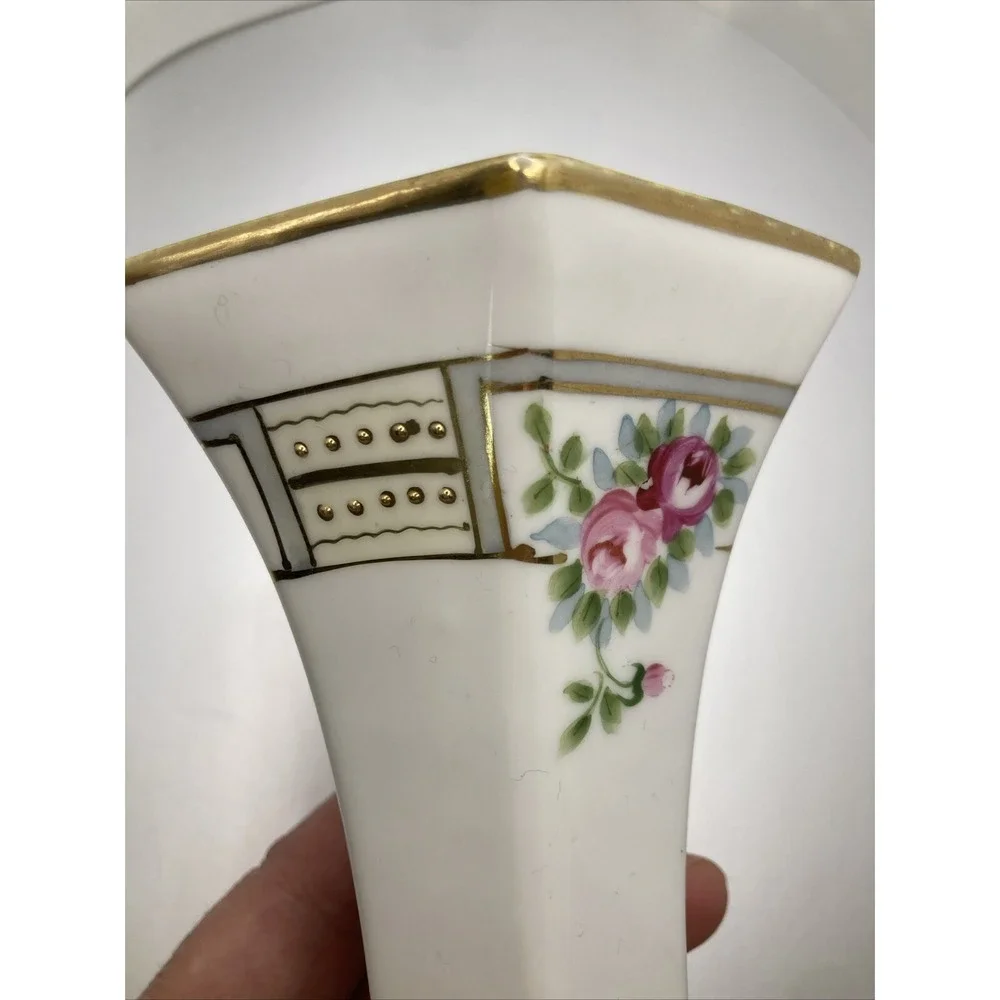 Vintage Hand Painted Porcelain Floral‎ Bud Vase Gold Gilt Moriage Hexagonal 6